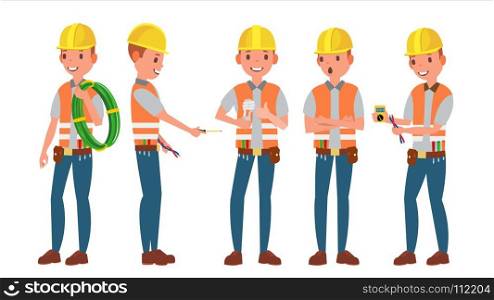 Professional Electrician Vector. Different Poses. Performing Electrical Work. Isolated On White Cartoon Character Illustration. Electrician Vector. Different Poses. Working Process. Flat Cartoon Illustration