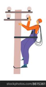 Professional electrician worker wearing protective clothing and helmet rising up on concrete pillar to maintain and fix electrical bulbs. Isolated worker with wires and cables. Vector in flat style. Electrician rising up on concrete pillar with wire