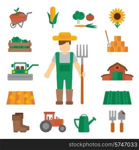 Professional farmer man cartoon character standing in uniform green dungarees with hay fork poster flat vector illustration