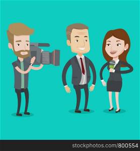 Professional female reporter with microphone presenting the news. Hipster operator filming interview. Journalist making interview with businessman. Vector flat design illustration. Square layout.. TV interview vector illustration.