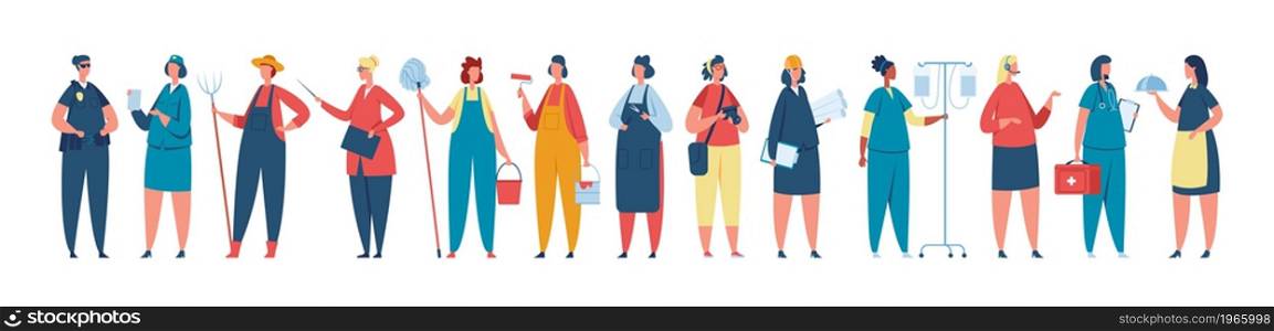 Professional female worker in uniform, women of different occupations. Diverse group of women workers standing together vector illustration. Characters working for various jobs, career employment. Professional female worker in uniform, women of different occupations. Diverse group of women workers standing together vector illustration