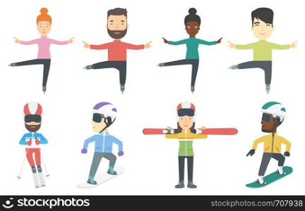 Professional figure skater performing. Young ice skater dancing. Figure skater posing on skates. Young skier skiing downhill. Set of vector flat design illustrations isolated on white background.. Vector set of winter sport characters.