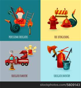 Professional firefighter design concept set with transport and inventory icons isolated vector illustration. Firefighter Design Set