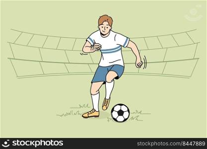 Professional football player with ball on field. Young man engaged in game. Sportsman training outdoors. Vector illustration.. Football player with ball on field