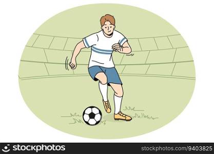 Professional football player with ball on field. Young man engaged in game. Sportsman training outdoors. Vector illustration.. Football player with ball on field