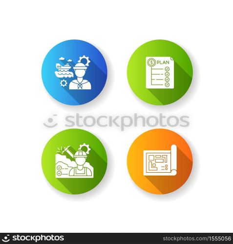 Professional for engineer project flat design long shadow glyph icons set. Expenditure plan. Mining worker. Blueprint for building project. Schematic draft on paper. Silhouette RGB color illustration. Professional for engineer project flat design long shadow glyph icons set
