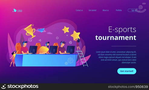Professional gamers at table taking part in e-sport competition and trophy. E-sports tournament, game official event, e-sports championship concept. Website vibrant violet landing web page template.. E-sport tournament concept landing page.