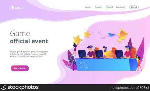 Professional gamers at table taking part in e-sport competition and trophy. E-sports tournament, game official event, e-sports championship concept. Website vibrant violet landing web page template.. E-sport tournament concept landing page.