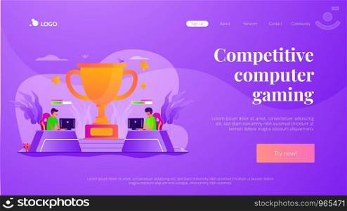 Professional gamers competition. Video game online tournament, electronic entertainment. E-sport, cybersport market, competitive computer gaming concept. Website homepage header landing web page template.. E-sport landing page template