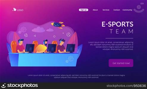Professional gamers team with headsets at the table at computer playinng video games. E-sports team, group of gamers, pro gamers team concept. Website vibrant violet landing web page template.. E-sport team concept landing page.
