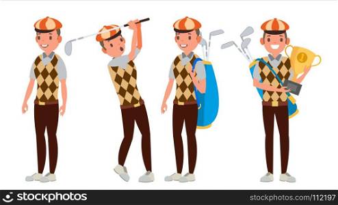 Professional Golf Player Vector. Playing Golfer Male. Different Poses. Isolated On White Cartoon Character Illustration. Classic Golf Player Vector. Swing Shot On Course. Diferent Poses. Flat Cartoon Illustration
