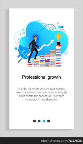 Professional growth, man climbing by books, award icon, slide decorated by liquid shape, worker plan progress of employee, work strategy vector. Website or app slider template, landing page flat style. Progress of Worker, Climbing Employee, Win Vector