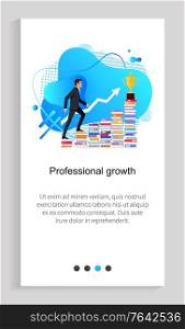 Professional growth, man climbing by books, award icon, slide decorated by liquid shape, worker plan progress of employee, work strategy vector. Website or app slider template, landing page flat style. Progress of Worker, Climbing Employee, Win Vector