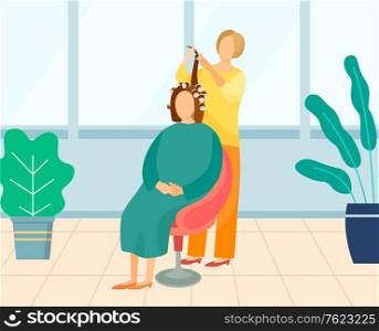 Professional hairdresser making hairstyle for female client in beauty salon. Stylist curling hair with hot rollers. Customer gets a haircut. Set of curlers. Flat cartoon. Hairdresser Making Hairstyle for Female Client