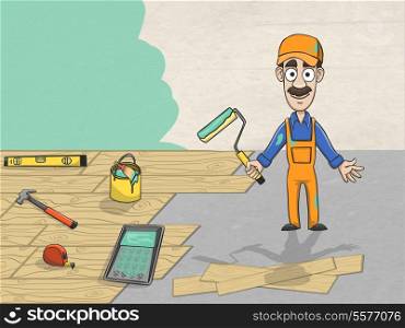 Professional heavy house overhaul renovation worker in helmet with tools painting walls vector illustration