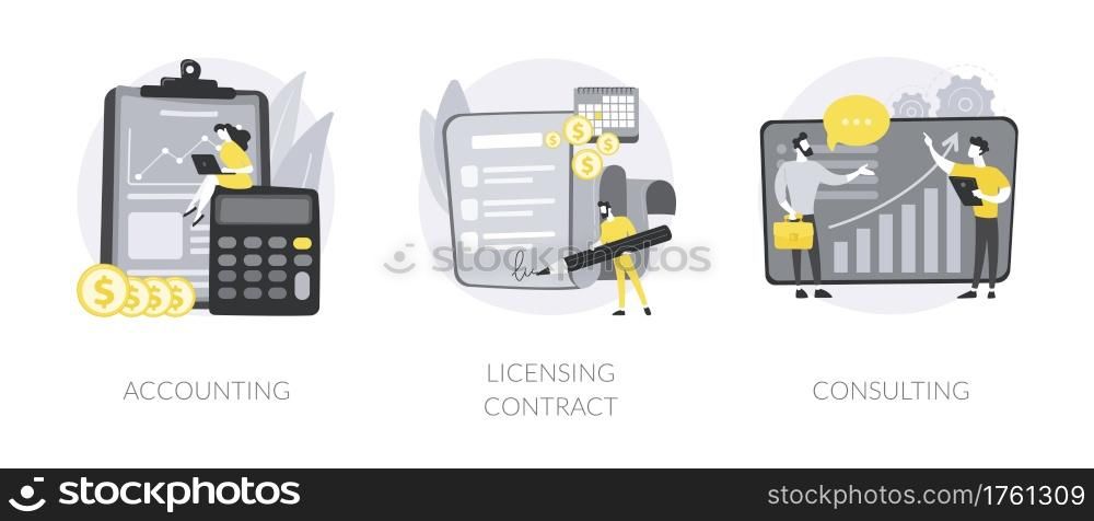 Professional help abstract concept vector illustration set. Accounting, licensing contract, consulting firm, tax advisor, audit service, expert advice, software copyright, agreement abstract metaphor.. Professional help abstract concept vector illustrations.