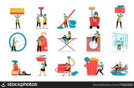 Professional home and industrial cleaning service team tools detergents duties flat funny icons set isolated vector illustration