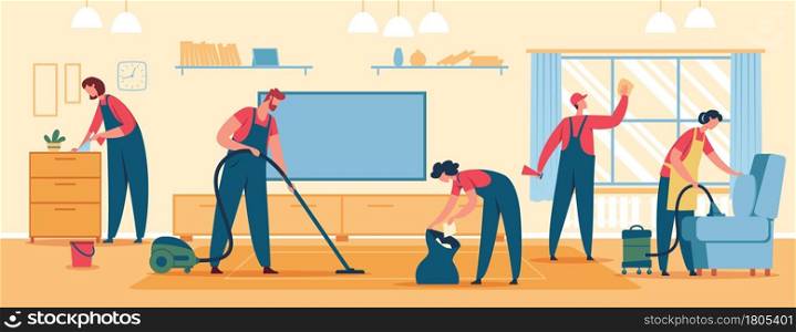 Professional home cleaning. Team of cleaners doing housekeeping, vacuuming floor and furniture. Cleaning services clean house vector illustration. Characters wiping window, dusting furniture. Professional home cleaning. Team of cleaners doing housekeeping, vacuuming floor and furniture. Cleaning services clean house vector illustration