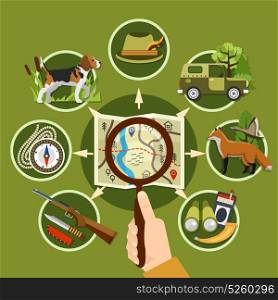 Professional Hunter And Equipment Concept. Professional hunter and equipment concept with animals rifle and compass flat vector illustration