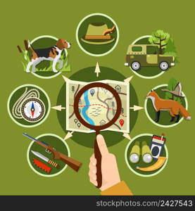 Professional hunter and equipment concept with animals rifle and compass flat vector illustration. Professional Hunter And Equipment Concept