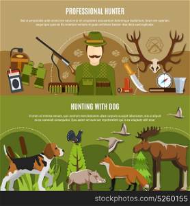 Professional Hunter Banners Set. Professional hunter horizontal banners set with wild animals symbols flat isolated vector illustration