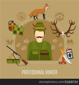 Professional Hunter Concept. Professional hunter concept with uniform rifle and knife flat vector illustration