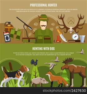Professional hunter horizontal banners set with wild animals symbols flat isolated vector illustration. Professional Hunter Banners Set