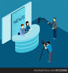 Professional Journalists At Studio Isometric Banner . Professional journalist at work broadcasting breaking news live from tv studio isometric banner abstract vector illustration