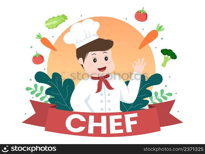 Professional Kids Chef Cartoon Character Cooking Illustration with Different Trays and Food to Serve Delicious Food Suitable for Poster or Background