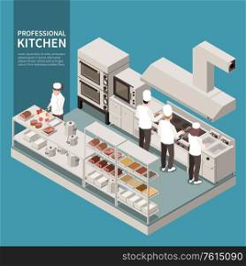Professional kitchen equipment appliances isometric composition with cooks preparing food using deep fryer cutting ingredients vector illustration