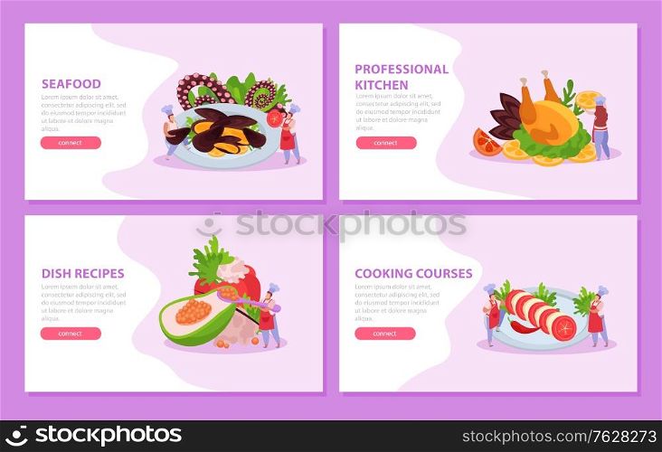 Professional kitchen flat 4x1 set of horizontal banners with gourmet dishes cooking courses ad and text vector illustration