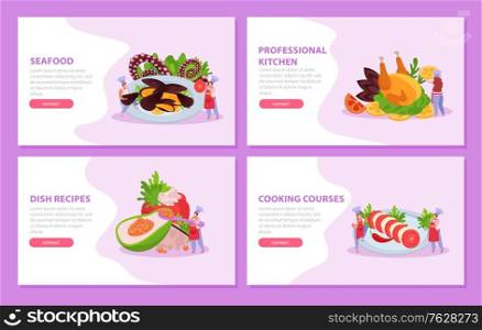 Professional kitchen flat 4x1 set of horizontal banners with gourmet dishes cooking courses ad and text vector illustration