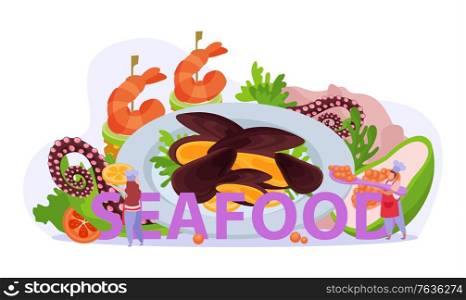 Professional kitchen flat composition with seafood text and cook figures with various dishes of marine products vector illustration