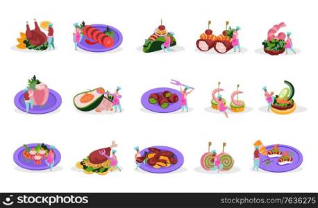 Professional kitchen flat recolor set with isolated icons of gourmet dishes with human characters of cooks vector illustration