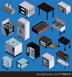 Professional kitchen furniture equipment appliances  with microwave grill refrigerator range stove isometric icons collection isolated vector illustration . Kitchen Equipment Isometric Icons Set