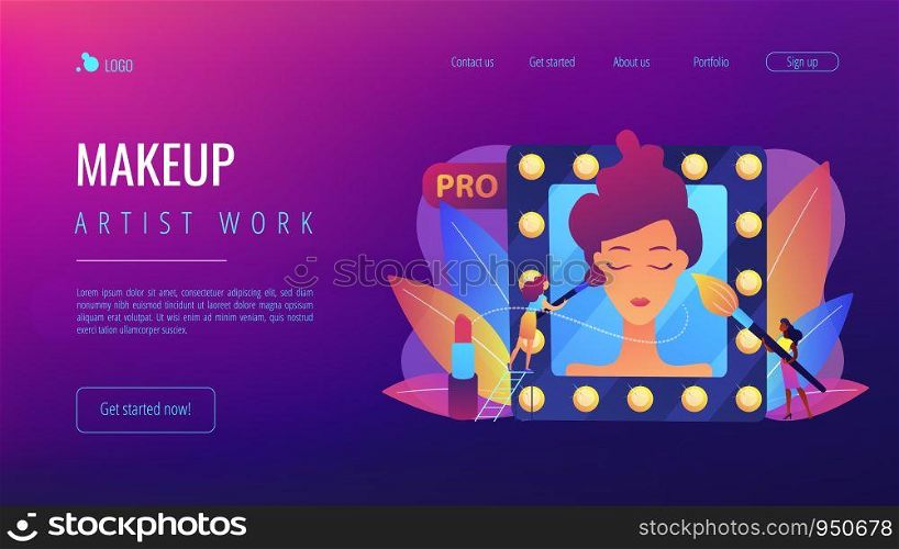 Professional makeup artists applying make up with brush on woman face in mirror. Professional makeup, pro artistry, makeup artist work concept. Website vibrant violet landing web page template.. Professional makeup concept landing page.