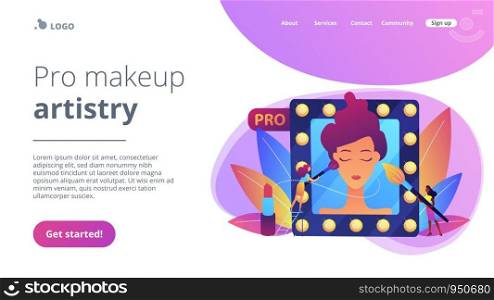 Professional makeup artists applying make up with brush on woman face in mirror. Professional makeup, pro artistry, makeup artist work concept. Website vibrant violet landing web page template.. Professional makeup concept landing page.