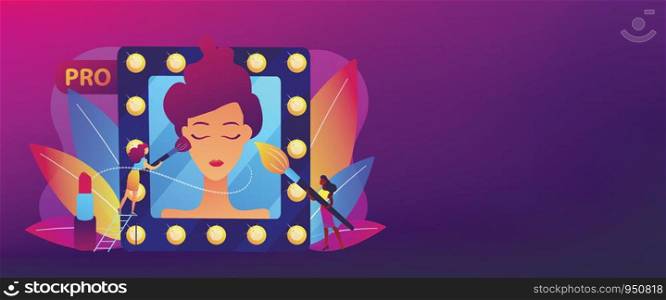 Professional makeup artists applying make up with brush on woman face in mirror. Professional makeup, pro artistry, makeup artist work concept. Header or footer banner template with copy space.. Professional makeup concept banner header.