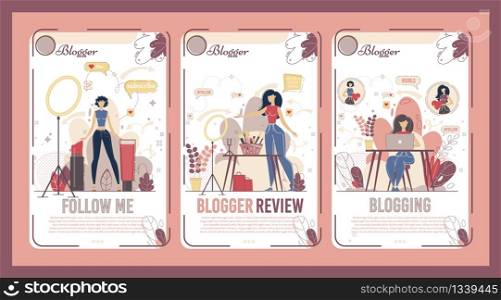 Professional Makeup Consultant, Beauty Saloon Service, Cosmetics Brand Blog Vertical Banner, Poster Set. Beauty Blogger Recording Video in Studio, Chatting with Fans on Stream Flat Vector Illustration