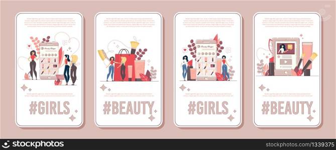 Professional Makeup Service, Cosmetology Consultant, Beauty Video Content Creator Vertical Banner, Poster Set. Beauty Blogger Recommending Cosmetics Products to Subscriber Flat Vector Illustration