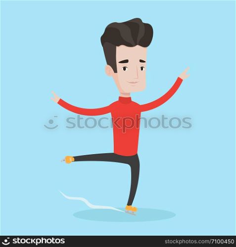 Professional male figure skater performing on ice skating rink. Young ice skater dancing. Caucasian male figure skater posing on skates. Vector flat design illustration. Square layout.. Male figure skater vector illustration.