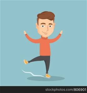Professional male figure skater performing on the ice skating rink. Young figure skater dancing. Caucasian male figure skater posing on skates. Vector flat design illustration. Square layout.. Male figure skater vector illustration.