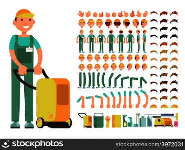 Professional man cleaner in cleaning service uniform. Vector creation constructor with big set of body parts and hand gestures. Character guy with vacuum illustration. Professional man cleaner in cleaning service uniform