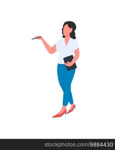 Professional manager flat color vector faceless character. Accountant job. Company employee. Woman with pen and clipboard isolated cartoon illustration for web graphic design and animation. Professional manager flat color vector faceless character