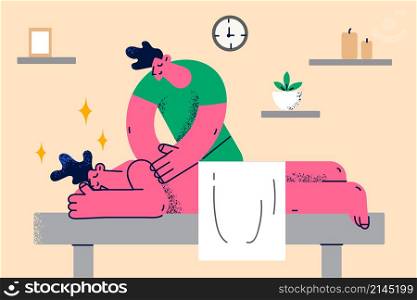 Professional masseur give massage to happy calm client in saloon or spa clinic. Masseuse perform manual body care or procedure to relaxed customer in salon. Flat vector illustration. . Professional masseur give massage to client in saloon