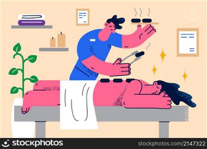 Professional masseur make massage to relaxed woman client in modern saloon or spa. Masseuse do body acre procedures to female patient in salon. Relaxation and wellness. Vector illustration. . Masseur make massage to relaxed woman client in salon