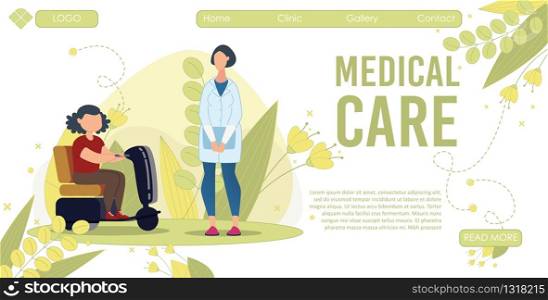 Professional Medical Care and Rehabilitation Trendy Flat Vector Web Banner, Landing Page Template. Medical Expert, Hospital Doctor Watching for Disabled Girl Riding, Driving Scooter Illustration