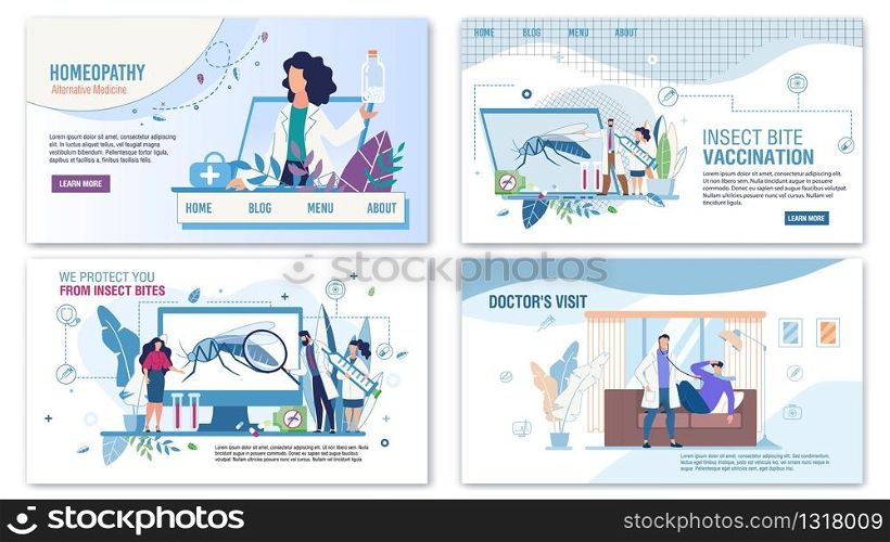 Professional Medical Services for Help Trendy Flat Landing Page Set. Homeopathy, Anti Insects Bites Infection Vaccination, Home Doctors Visit Call for Consultation. Vector Cartoon illustration. Medical Services for Help Flat Landing Page Set