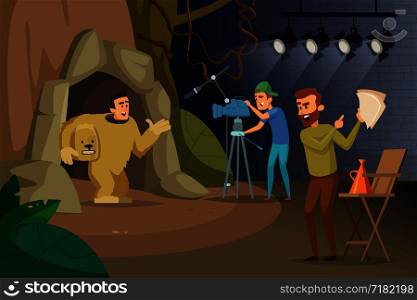 Professional movie production. Videographer and actors. Production film, professional cinema industry. Vector illustration. Professional movie production. Videographer and actors