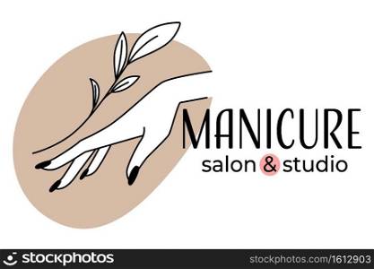 Professional nail care and treatment in manicure and pedicure salon. Beauty studio with procedures and healthy and beautiful fingernails. Elegant female hand with floral branch, vector in flat. Manicure salon and studio, nail treatment and care